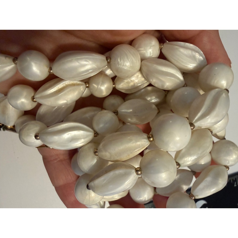 Vintage Trifari Triple Strand Faux Pearl Necklace Gold Tone Ribbed Beads Signed